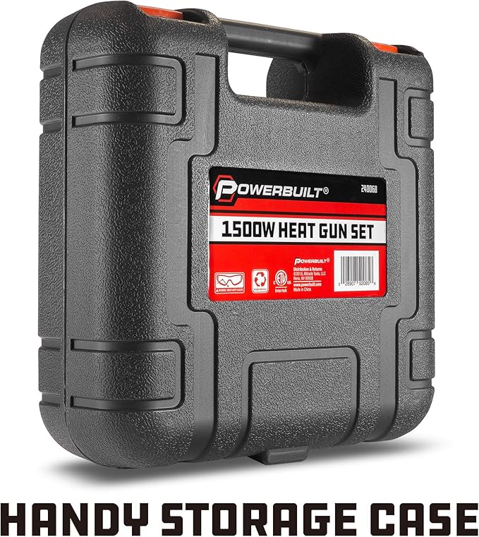 Powerbuilt 1500W Heavy Duty Heat Gun Kit with Dual Temperature & Speed Settings, 622°F–1022°F, 7 Accessories, and Storage Case – Ideal for Paint Removal, Heat Shrink, and Loosening Bolts - 240068