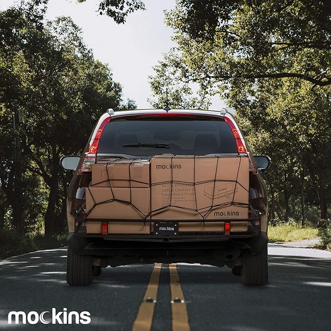 Mockins Black Heavy Duty 20.8" X 36.8" Bungee Cargo Net Stretches to 45" X 75" The Cargo Carrier Net Comes with 10 Hooks and can be Used with Any Car or Van SUV and Truck