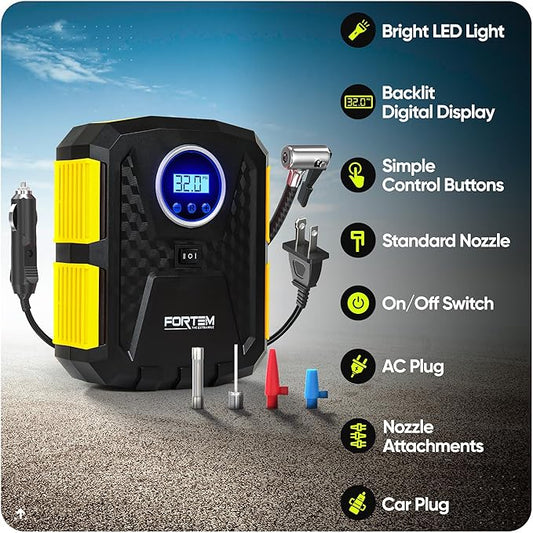 FORTEM Tire Inflator Portable Air Compressor, Air Pump for Car Tires and Bikes, Car Tire Pump w/Auto Shut Off, 150 PSI, 110V AC 12V DC, LED Light, Carrying Case, for Men, Women