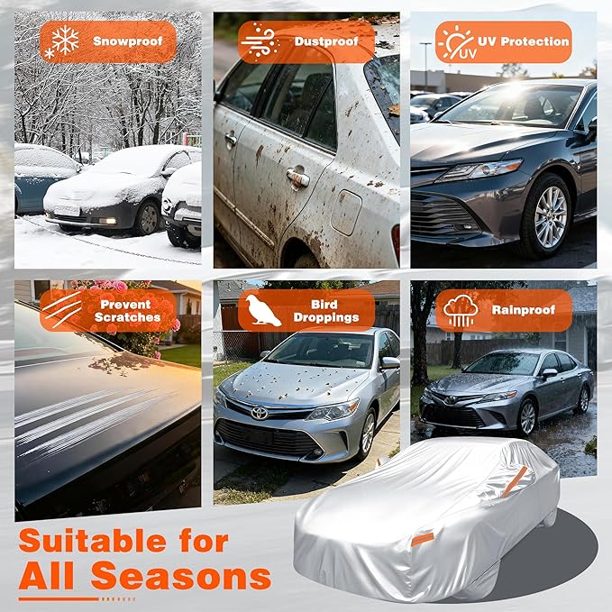 iCOVER Car Cover, Waterproof All Weather Car Covers for Honda Civic Toyota Corolla Chevy Cruze Kia Forte, Outdoor Full Exterior Cover with Detachable Tire Covers, Car Cover for Sedan, Fits up to 193"