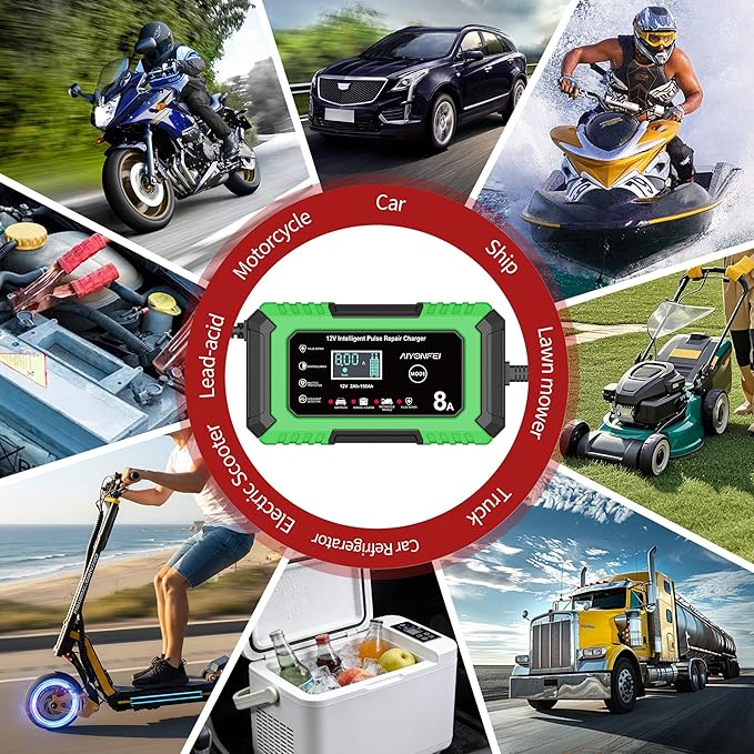 12V 8A Battery Charger, Smart Trickle Charger & Battery Maintainer, Desulfator, Temperature Compensation for LiFePO4, Lead Acid, AGM, Gel, EFB, VRLA, Car, Truck, Motorcycle, Boat (Green)