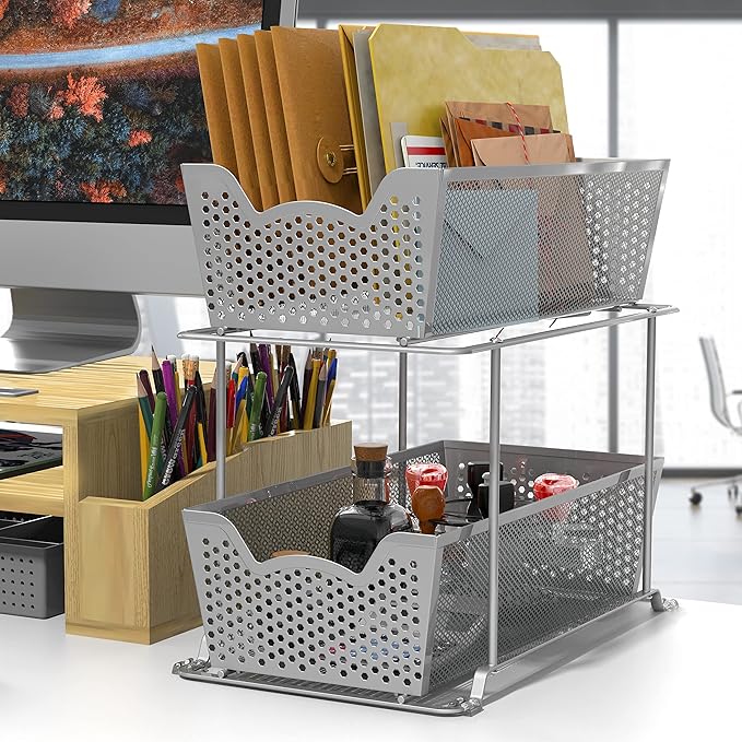 Simple Houseware Cabinet 2 Tier Perforated Basket Drawer, Silver - 2 Pack