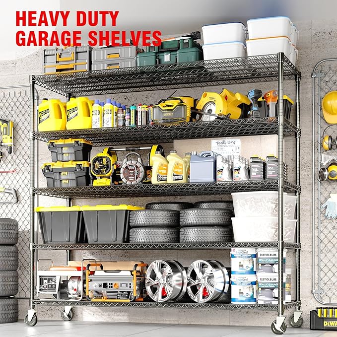 5 Tier Metel Shelving with Wheels, Garage Storage Shelves Heavy Duty Rack Load 3300LBS, Ajustable Black Wire Shelving Unit, for Home Garage Basement, Easy Assembly, 59" W X 24" D X 82" H
