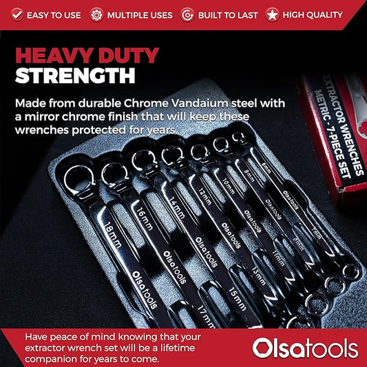 Olsa Tools Bolt Extractor Offset Wrench Set - 7pc Rounded Fastener Remover Kit - 6-Point Box-End Metric Design - Stripped Bolt & Nut Removal Tool - Professional Grade Mechanic Wrenches - Part: 1311