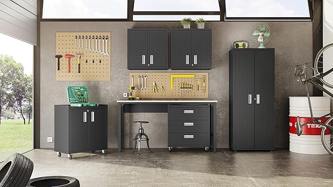 Manhattan Comfort Fortress Textured Metal 31.5" Garage Mobile Cabinet with 2 Adjustable Shelves in Charcoal Grey