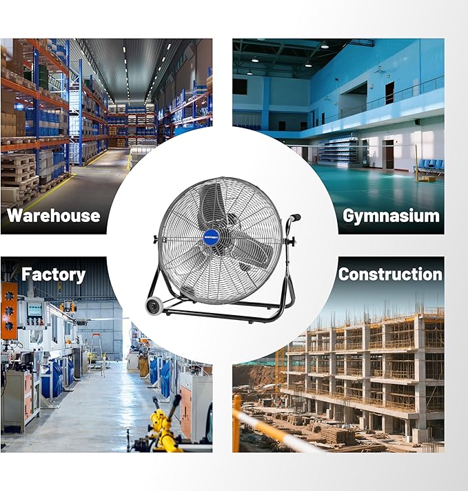 NORTHSKY 24" Floor Fan, 4950 CFM Industrial Fan, 3 Speeds, Durable Steel Safety Grille, 1/4 HP, 360° Head Hit, for Manufacture, Construction, Warehousing with UL-Certified Safety Compliance