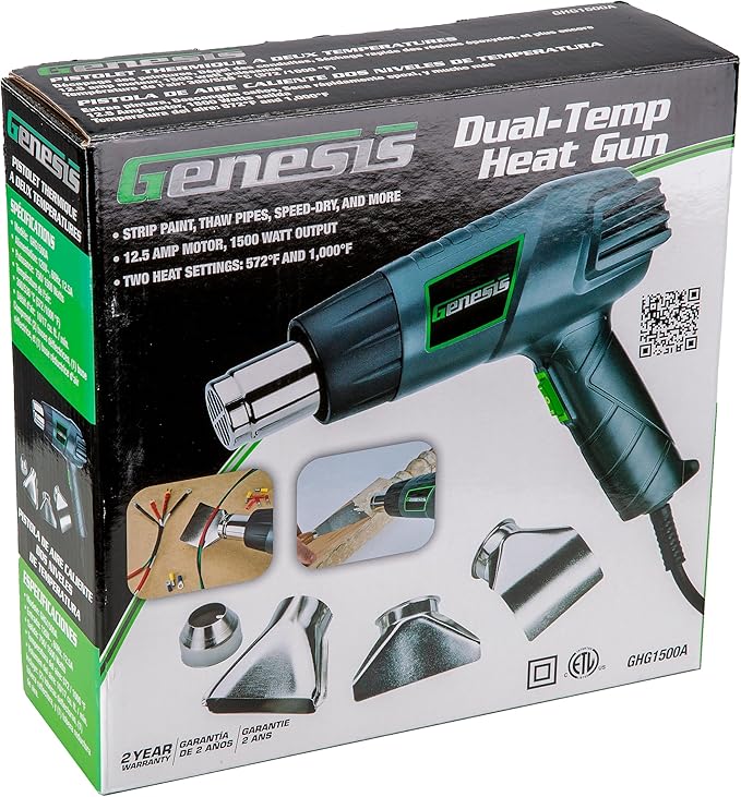 Genesis GHG1500A Dual Temperature Heat Gun Kit With Fast Heat High And Low Settings 572F/1000F, Air Reduction Nozzle, Reflector Nozzle, And Two Deflector Nozzles with 2 Year Warranty