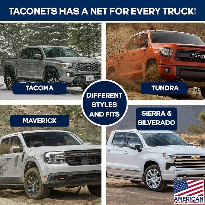 TacoNets Cargo Net for Toyota Tacoma Short Bed - Fits 2005-2025 - Patented Bed Rail Integration - Heavy Duty 8mm Premium Bungee 3'x4' Cargo Netting - Designed in USA
