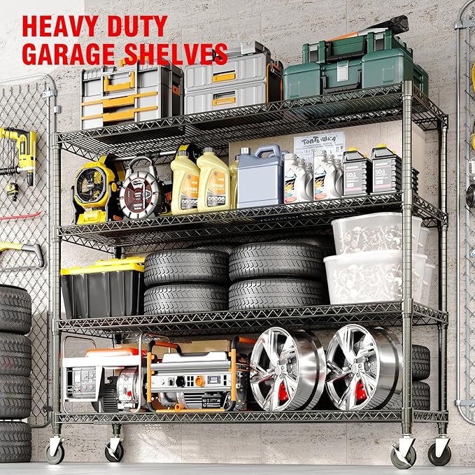 Metal Storage Shelving Units on Wheels, Storage Shelves 4-Tier Wire Rack Shelving for Garage, Heavy Duty 2640LBS Capacity, 72" H X 59 W X18 D Adjustable Shelf for Basement, Pantry, Kitchen