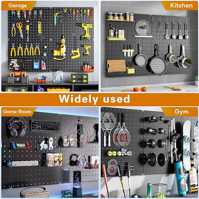 Peg Board, 110pcs Metal Pegboard Kit, Includes 4 Pack Black Peg Board Panels with Accessories and Hook Locks, Large Heavy Duty Peg Boards for Walls Home, Garage Tool Storage, Workbench