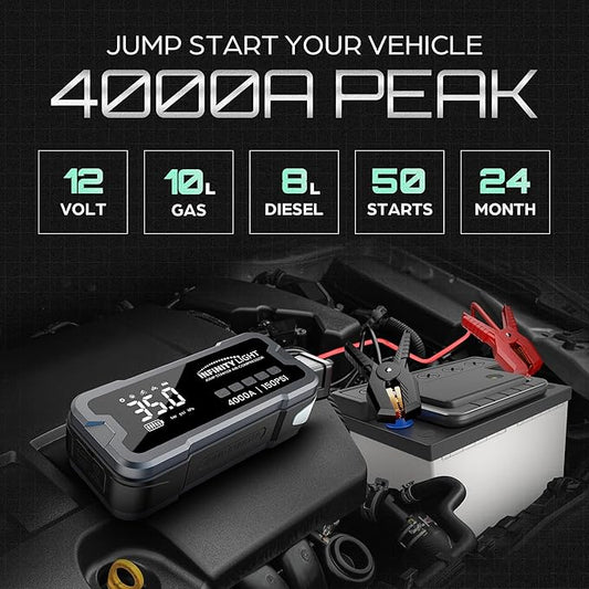4000A Jump Starter 150 PSI Air Compressor Tire Inflator Cordless Air Pump, 12V Portable Car Battery Booster, LED Display, 12000mAh Power Bank, PD 18W Fast Charging, Flashlight – 10L Gas/8L Diesel