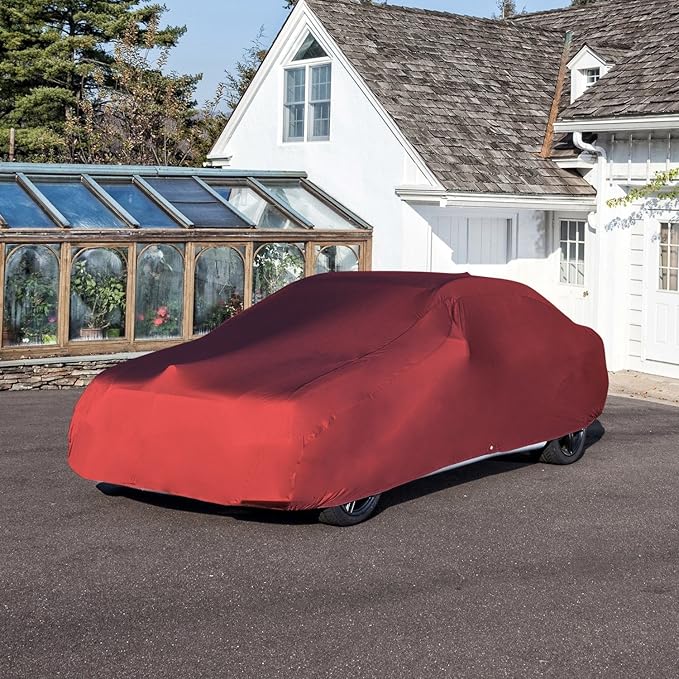 Budge Indoor Stretch Car Cover, Premium Dustproof Protection with Soft Fleece Lining, Breathable Indoor Car Cover Fits Vehicles up to 200 Inches, Red