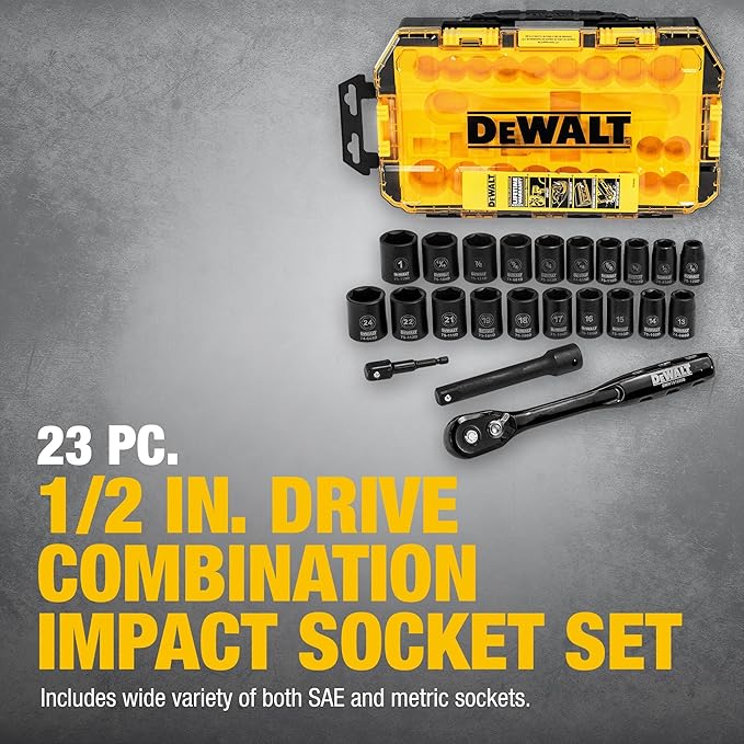 DEWALT Impact Socket Set with Ratchet, Metric/SAE, 1/2" Drive, 23-Piece Set with Case (DWMT74739) 