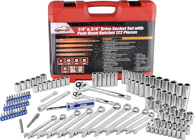 EPAuto Mechanics Tool Set Drive Socket Wrench Ratchets, SAE/Metric, 122-Piece