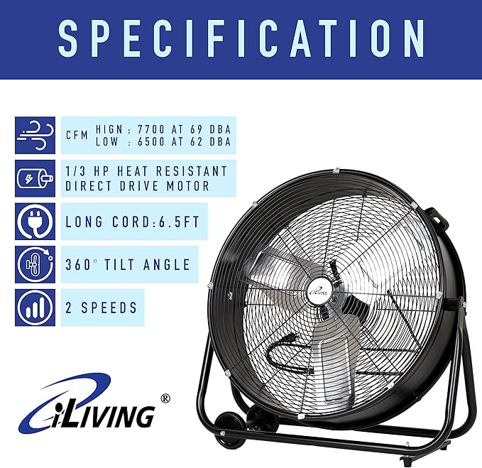 iLIVING 24" High Velocity Drum Fan Industrial, Commercial, Residential Air Circulator for Garage, Shop, Patio, Barn, Greenhouse, Speed Control 7700CFM, UL Listed,Black