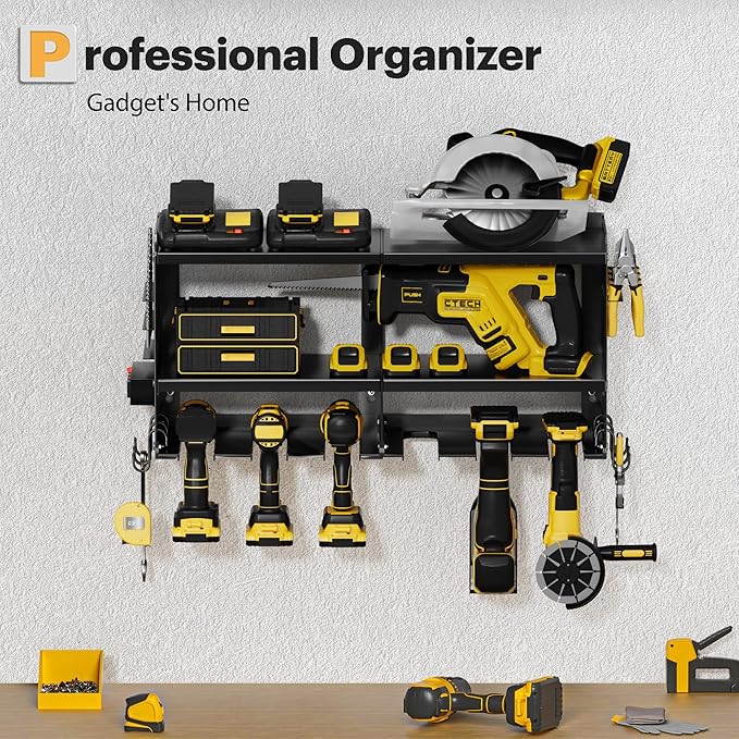 Spampur Power Tool Organizer Wall Mount with Charging Station, 3 Layer Heavy Duty Metal Tool Storage Rack Loads 420lbs with 6 Cordless Drill Holder, Idea Gifts for Men, Garage Workshop