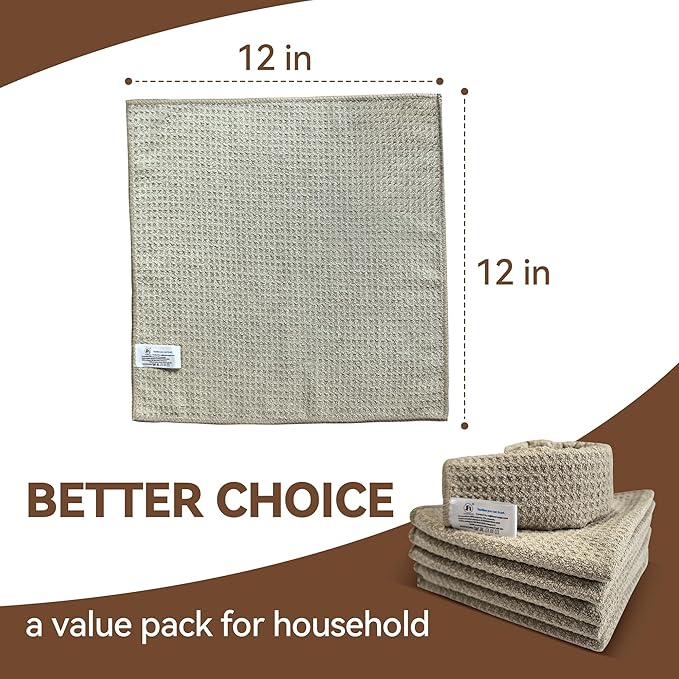 6Pcs Waffle Pattern Microfibre Glass Cleaning Cloth with Lanyard, 340GSM, Lint Free Glass Cloth for Polishing Mirrors Stainless Steel, All-Purpose Microfiber Towels(Khaki, 30 x 30 cm)