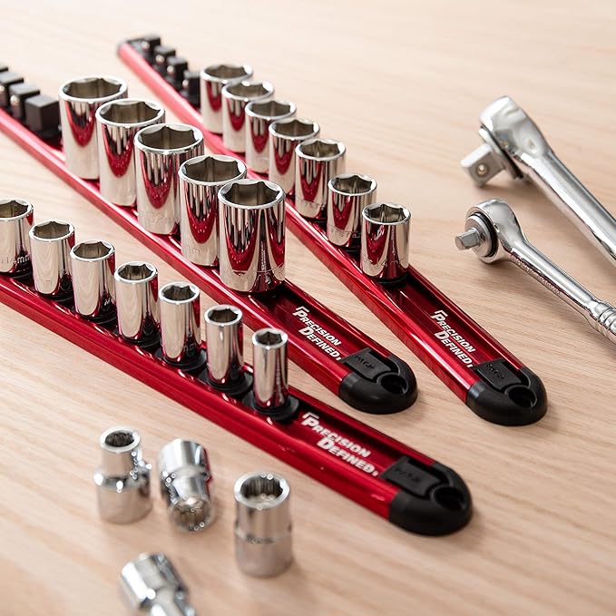 Precision Defined Aluminum Tool Holder | Red Single 1/2-Inch Socket Organizer x 14 Clips | Heavy Duty Rotating Socket Tray