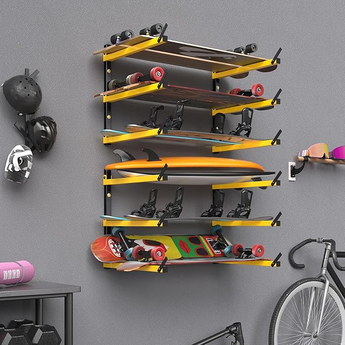 GREENER Lumber Storage Rack Folding Wood Storage Racks Wall-Mounted Metal Racks for Storage with 3-Level Heavy Duty Garage Wood Organizer for Woodworking Shop Indoor & Outdoor Use, 4 pairs,Yellow