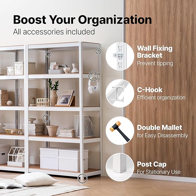 HOMEDANT House 24.4" W 5 Tier Heavy Duty Garage Shelving Adjustable Metal Rack Storage Shelves Standing Shelf Unit Organizers Pantry Closet Office White 2Pack