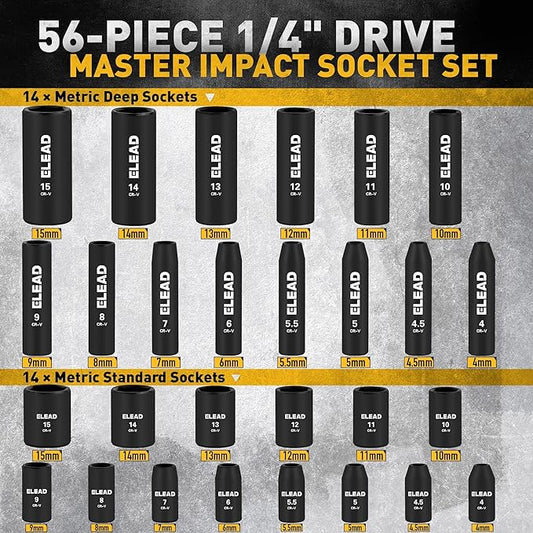 ELEAD 1/4" Drive Impact Socket Set, 56-Piece Standard SAE (5/32 to 9/16 inch) and Metric (4-15mm) Size, Deep & Shallow, 6 Point, Cr-V, 72-Tooth Ratchet Handle, Extension Bar, Universal Joint