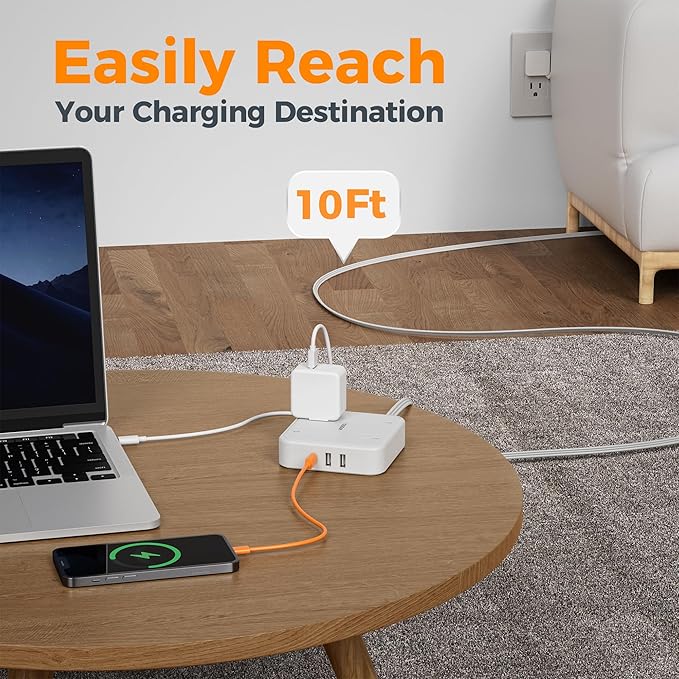 TESSAN Surge Protector Flat Extension Cord 10Ft, Flat Plug Power Strip with 4 Outlets 3 USB Ports (1 USB C), 900 Joules Protection, Multiple Wall Outlet Extender Suitable for Home Office Dorm, White