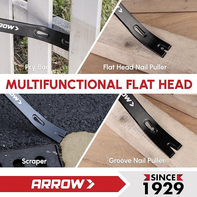 ARROW 12" Pry Bar & Nail Puller Heavy-Duty Carbon Steel, Flat Bar Crowbar with Rust-Resistant Forged Design - Multi-Purpose Tool for Prying, Lifting, Scraping (Pack of 2)
