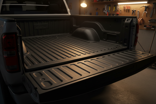 Pickup truck bed with a black rubber bed mat liner installed — textured liner protecting the bed floor in a garage setting
