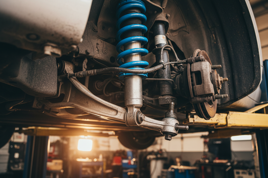 Car suspension components visible under a lifted vehicle — coilover shock absorber, spring, control arm, and ball joint visible in a garage