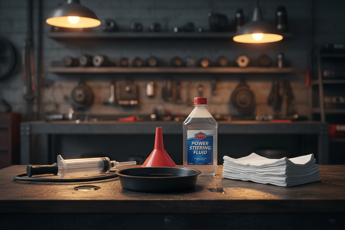 Power steering service products on a dark garage workbench — bottle of power steering fluid, large fluid syringe extractor, funnel, clean white shop rags, and small drain pan