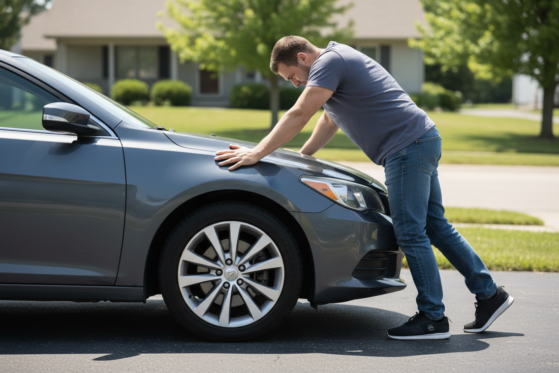 Person performing a bounce test on a car — both hands pressing down firmly on the front fender to compress the suspension, checking rebound behavior