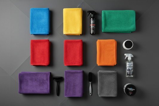 Microfiber towels flat lay — multiple colored detailing towels for car care