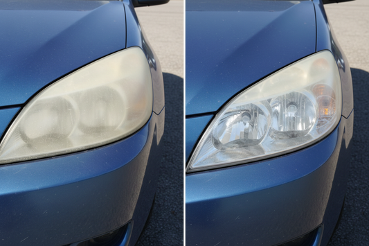 Headlight restoration before and after — left showing severely yellowed foggy headlight lens, right showing same headlight after restoration, crystal clear