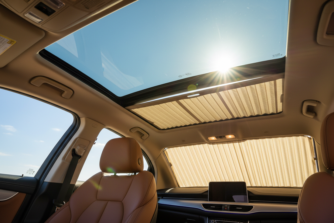 Car sunroof open on a sunny day with fabric sunshade partially extended — panoramic moonroof with sunshade deployed inside the car cabin
