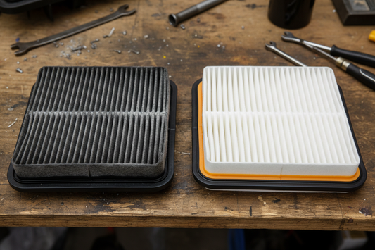 Engine air filter comparison — dirty clogged dark gray engine air filter next to a brand new clean white engine air filter on a garage workbench