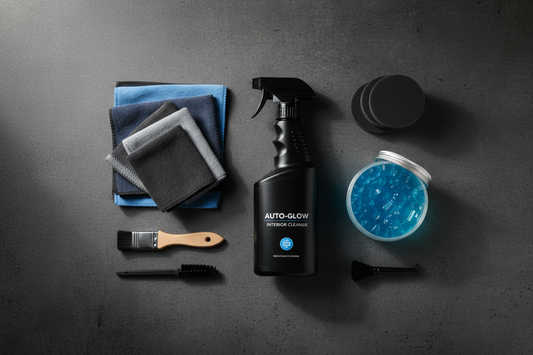 Car interior detailing supplies — interior cleaner, cleaning gel, microfiber cloths