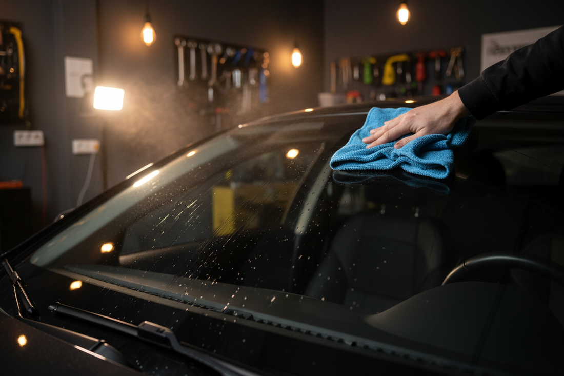 Car windshield being cleaned with a microfiber towel and glass cleaner spray — streak-free clean glass in a garage setting