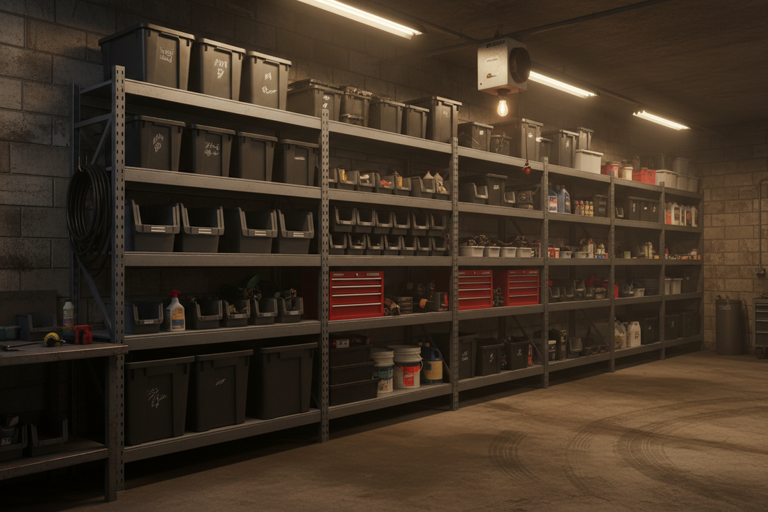 Heavy-duty metal garage shelving units along a wall organized with storage bins, toolboxes, and supplies in a dark industrial garage