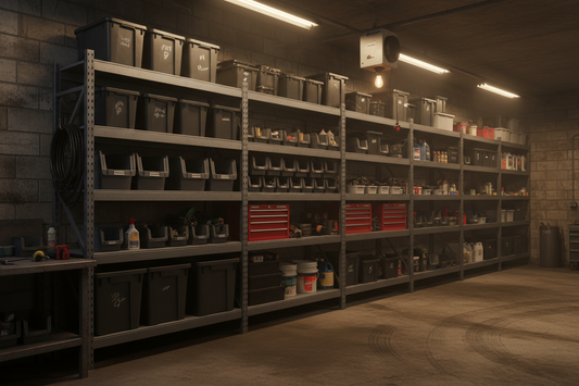 Heavy-duty metal garage shelving units along a wall organized with storage bins, toolboxes, and supplies in a dark industrial garage