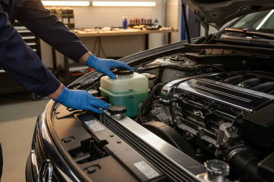 Car radiator and coolant reservoir under the hood — mechanic checking coolant level in overflow tank with clean engine bay visible