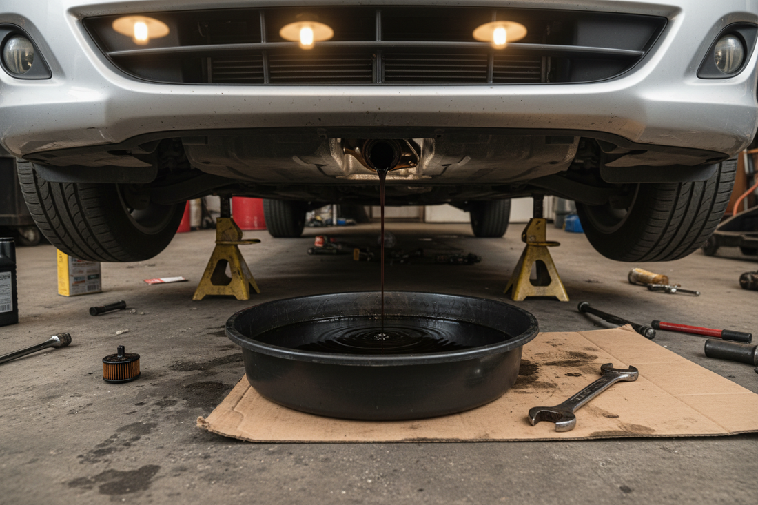 DIY oil change setup under a car — drain pan catching dark motor oil from drain plug, car lifted on jack stands in a garage