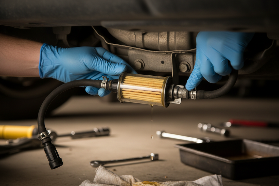 Gloved hands disconnecting fuel line quick-connect fittings from both ends of a cylindrical inline fuel filter mounted under a vehicle