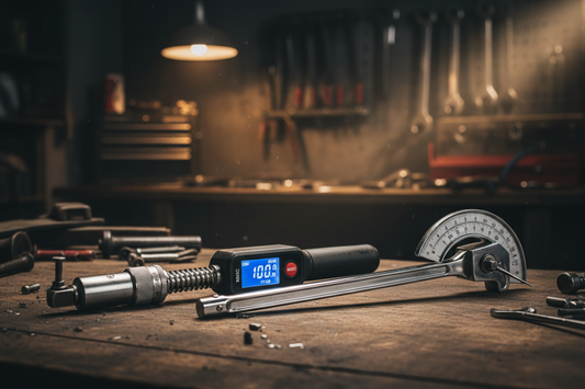 Three types of torque wrenches on a garage workbench — click torque wrench, digital torque wrench, and beam torque wrench side by side