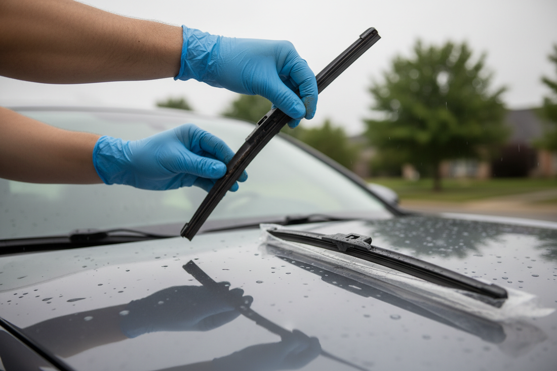 Person replacing a windshield wiper blade on a car — close-up of hands lifting the wiper arm and unclipping the old blade, new beam wiper blade visible on the hood