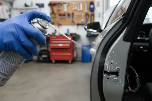 Car door hinge being lubricated with white lithium grease spray — mechanic applying lubricant to exposed door hinge on an open car door in a garage