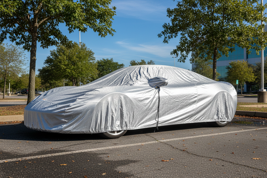Silver car cover fitted over a sports car parked outdoors — weather protection