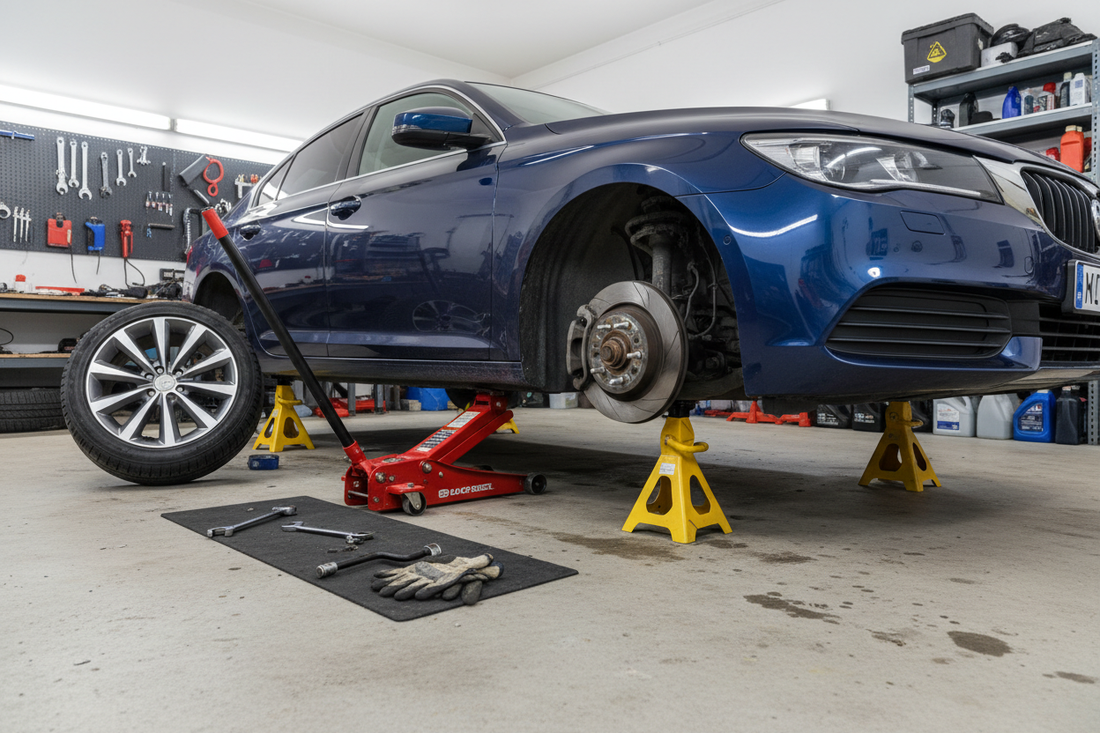 Car lifted on floor jack with jack stands in place — wheel removed showing brake rotor