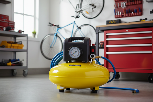 Portable pancake air compressor in a clean garage — compact design with pressure gauge