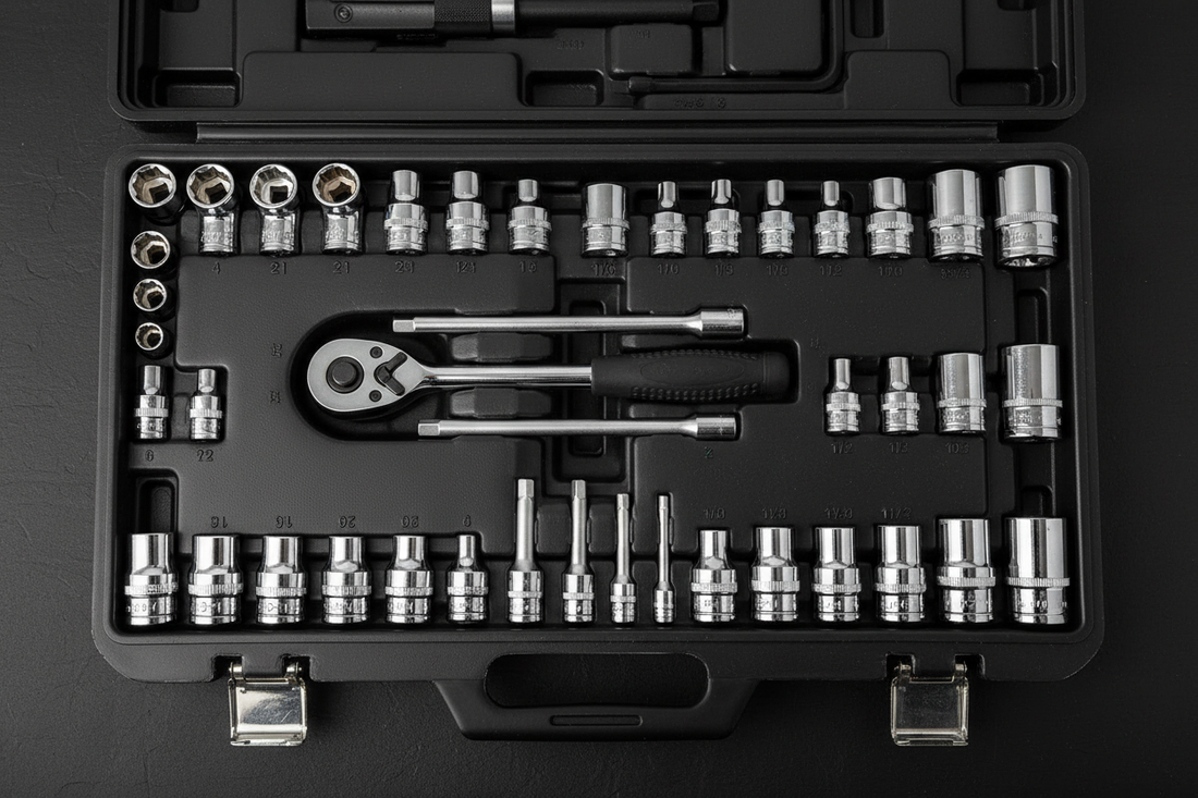 Complete socket set in organized case — metric and SAE sockets arranged by size with ratchet