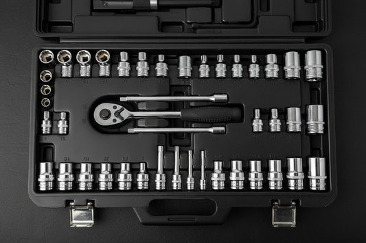 Complete socket set in organized case — metric and SAE sockets arranged by size with ratchet